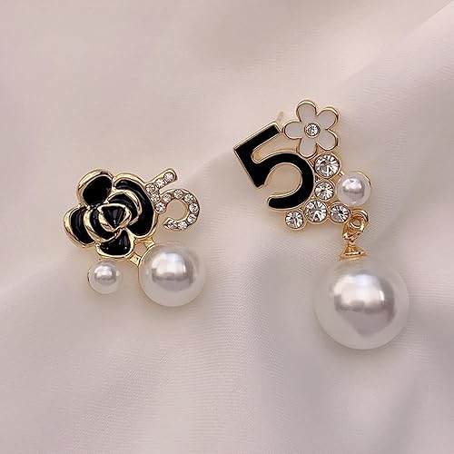 Faux Pearl Black Floral Dangle Earrings