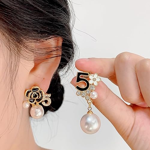 Faux Pearl Black Floral Dangle Earrings