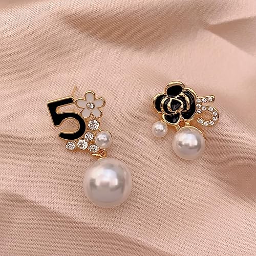 Faux Pearl Black Floral Dangle Earrings